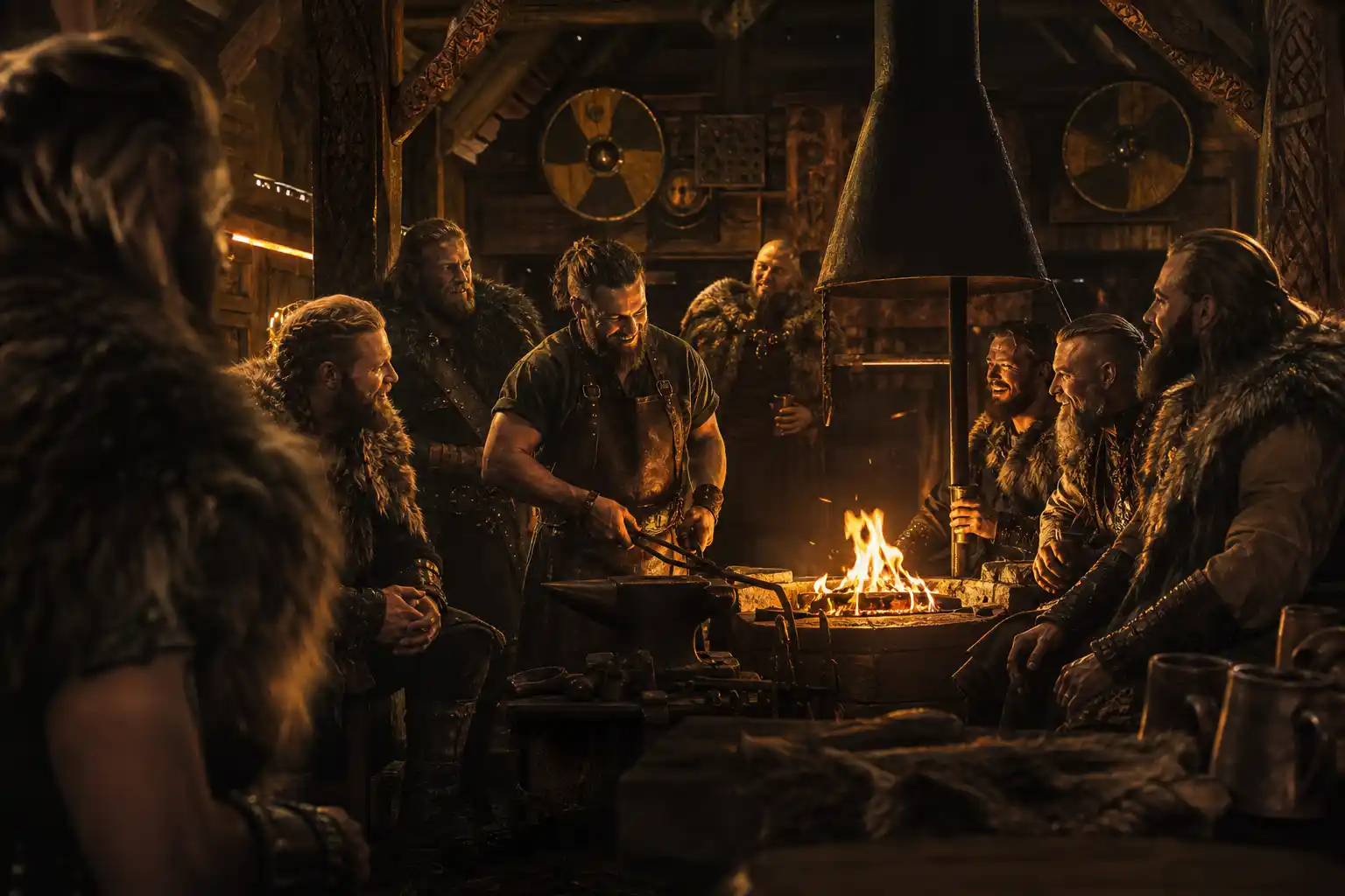 Guerreiros vikings reunidos num salão nórdico iluminado por fogueira
