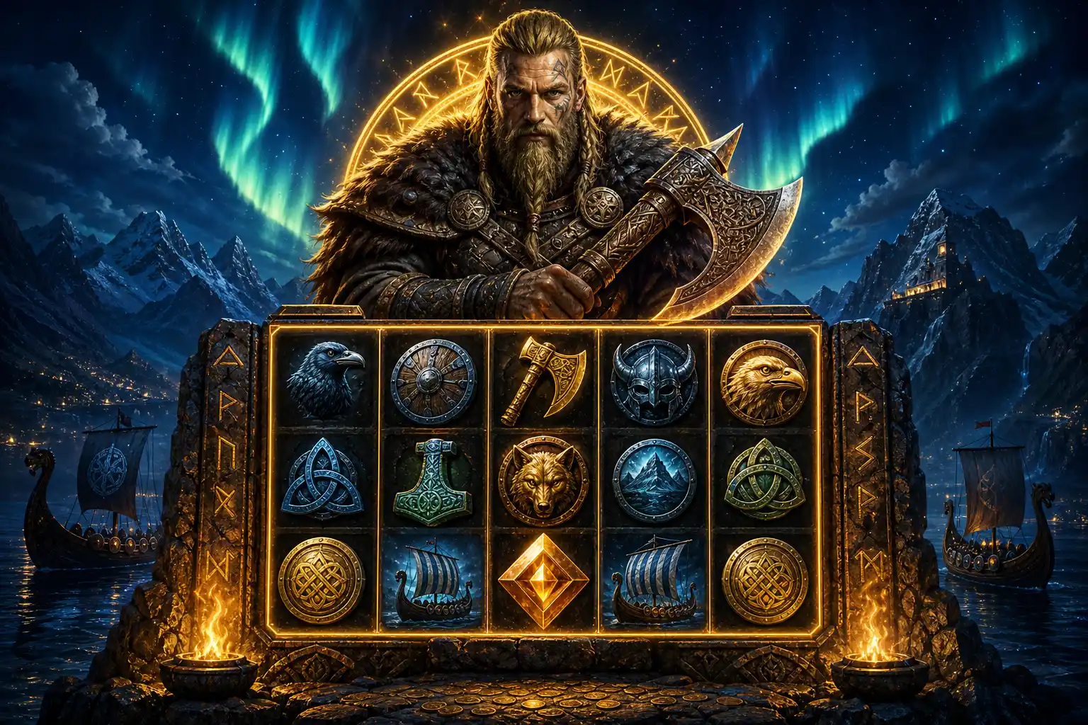 Cenário épico viking com slot machine e aurora boreal